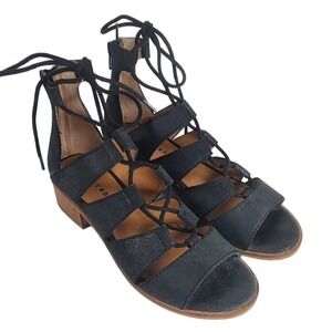 Lucky Brand Black Tazu Strappy Heeled Leather Sandals Boho Chic Gladiator Size 6